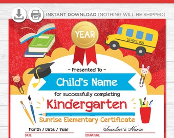 Kindergarten Graduation Diploma Certificate - Instant Download PDF File - School Party -  Editable Text File- Student - Teacher