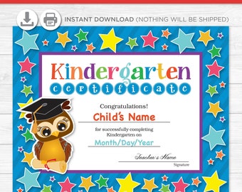 Kindergarten Graduation Diploma Certificate - Instant Download PDF File - School Party -  Editable Text File- Student - Teacher