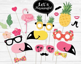 Flamingo Photo Booth Props- Diy Instant Download- Adobe Reader - Flower Bloom, glasses, lips and mustache, tropical