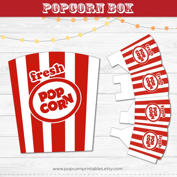 Popcorn Box afdrukbaar - Instant Download PDF - Carnaval Popcorn - Rode & Witte Strepen - DIY - Ouderwetse Retro Popcorn - Feest- Filmavond