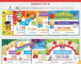 Elementary School Graduation Diploma Certificates - Preschool, Kindergarten, Elementary Grades - Instant Download PDF File -  Fully Editable