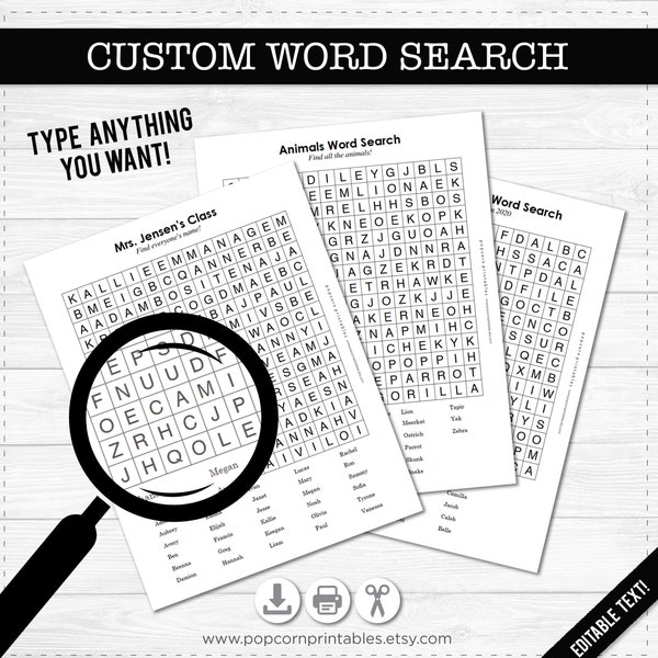 Customizeable Word Search Printable- Instant Download EDITABLE PDF-  Fun Family Games- DIY - Old Fashioned Fun - Party - Family - Classroom