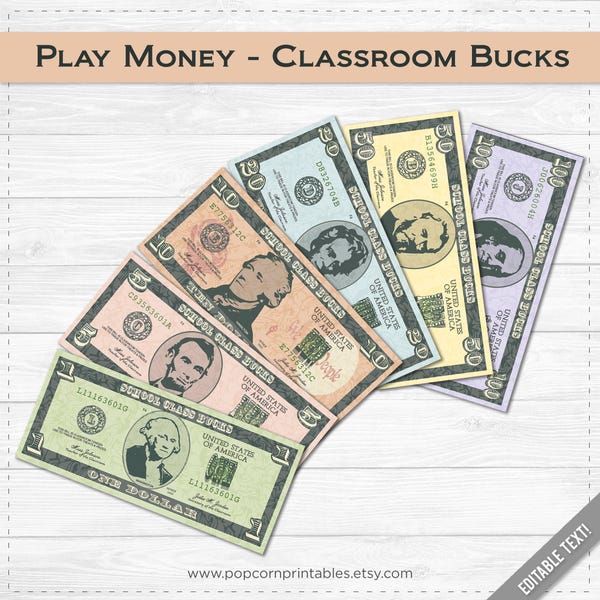 Classroom Bucks - Play Money - Instant Download PDF File - School Party -  Editable Text File- 2 Pages - Student Teacher Reward System - Fun