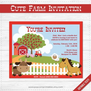 Cute Farm Animal Invitations - Printable- Editable Text PDF- Instant Download- Personalize at home w/ Adobe Reader- Old McDonald - Cow