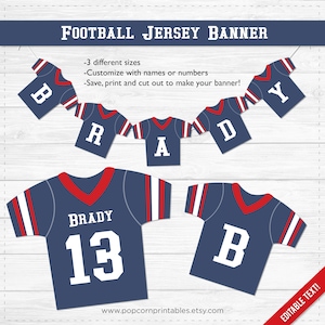 May include: Printable football jersey banner with the letters "BRADY" in blue and white jerseys. The banner is on a woodgrain background. The text "EDITABLE TEXT!" is in the bottom right corner.
