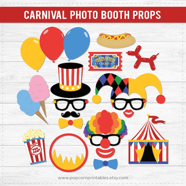Carnival Photo Booth Props- Diy Instant Download- Adobe Reader- Clown - Jester - Circus Tent - Popcorn Snack - Ticket - Cotton Candy