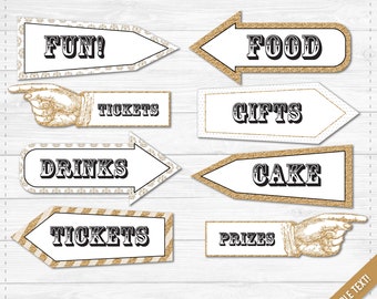 Gold Glitter Carnival Party Signs Printable- Editable Text PDF- Instant Download- Personalize at home with Adobe Reader- Stripes