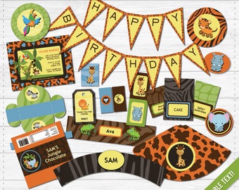 Cute Safari Printable Party Package- Birthday Collection- Fully Editable Text PDF- Personalize at home- Adobe Reader- 42 Pages