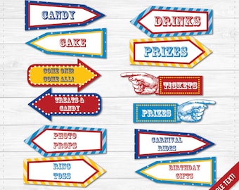 Carnival Party Signs Printable- Editable Text PDF- Instant Download- Personalize at home with Adobe Reader- Red White & Blue- Dots - Stripes