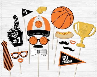 Basketball Photo Booth Props - Lips & Mustaches- DIY Instant Download- Print at Home -  Orange Black Gold - Sports