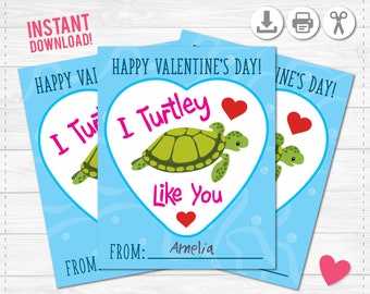 Printable Valentine's Day Card - Sea Turtle- 4X5 - PDF- Instant Download- Print at Home - Student Teacher Classroom - Love - Print Out