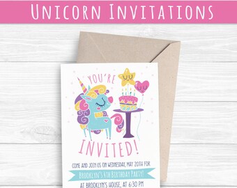 Unicorn Invitations - Printable- Editable Text PDF- Instant Download- Personalize at home w/ Adobe Reader- Cute Birthday Party