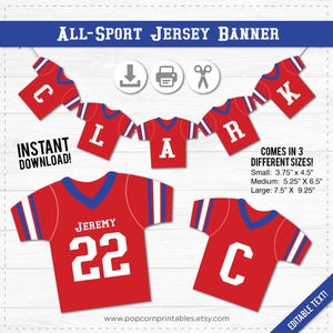 Peut inclure: Bannière imprimable avec des motifs de maillots de football rouge et bleu avec des lettres blanches qui épellent le nom "Clark". La bannière est disponible en trois tailles : petite (3,75 pouces par 4,5 pouces), moyenne (5,25 pouces par 6,5 pouces) et grande (7,5 pouces par 9,25 pouces).