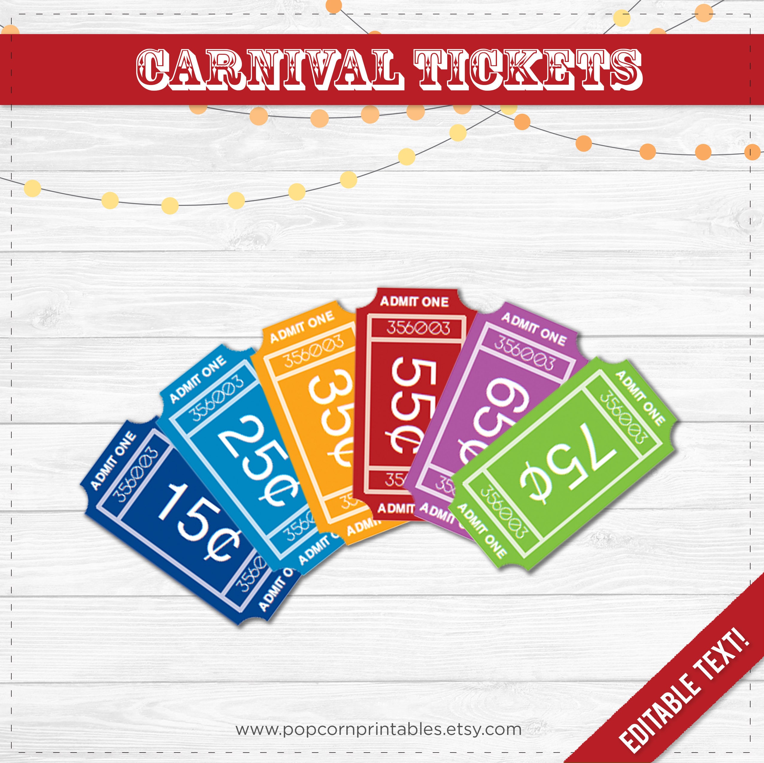 Carnival Tickets Printable- Instant Download PDF - Blue, Yellow, Red,  Purple, Green - Circus Entry - Party Tickets - Fun Unique Birthday