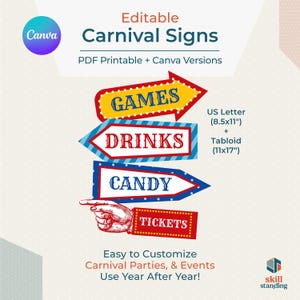 Könnte beinhalten: Bearbeitbare Karnevalsschilder mit Pfeilen für GAMES, DRINKS und CANDY sowie ein rechteckiges Schild mit der Aufschrift TICKETS und einer zeigenden Hand. Der Text umfasst Editable Carnival Signs, PDF Printable + Canva Versions und US Letter 8.5x11 inches.