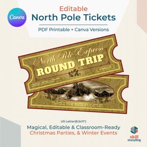 North Pole Express Ticket — Editable Canva Template | Christmas Classroom Printable | Double-Sided Design | Edit Fonts Text Color | 8.5x11"
