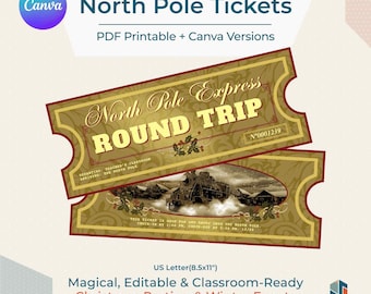 North Pole Express Ticket — Editable Canva Template | Christmas Classroom Printable | Double-Sided Design | Edit Fonts Text Color | 8.5x11"