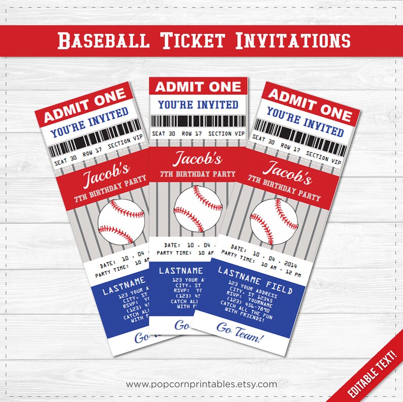 baseball ticket invitations printables editable text pdf etsy