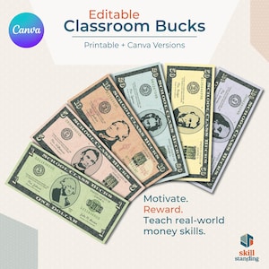 Bewerkbaar klasgeld – Afdrukbaar klasgeldsysteem | Reward Bucks voor kinderen | Canvassjabloon, klassikaal