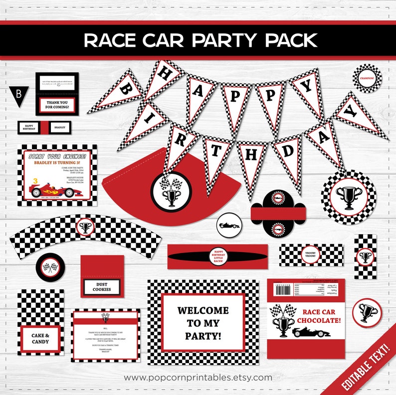 Race Car Party Package Printable Birthday Collection Editable Text PDF Personalize Adobe Reader For Boys & Girls Red Black 25 Pages image 1