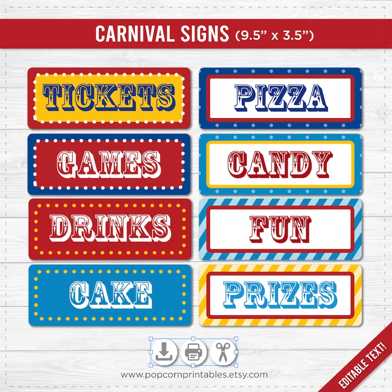 Carnival Party Signs Printable Editable Text PDF Instant - Etsy