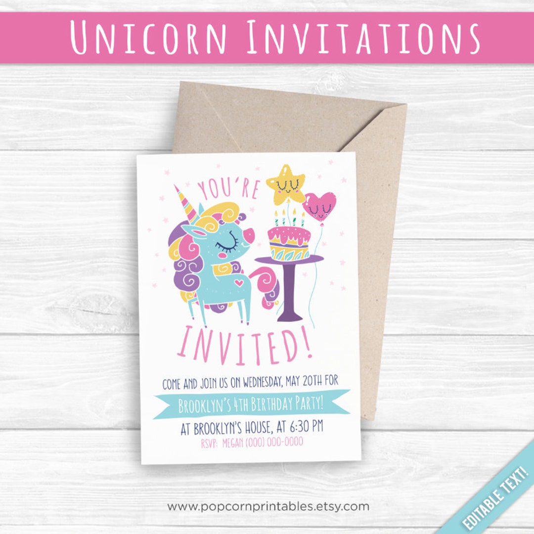 Unicorn Invitations Printable Editable Text PDF Instant Download ...