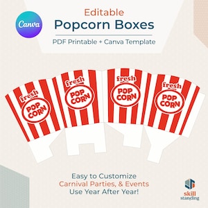 May include: Four flat, unfolded popcorn box templates with red and white vertical stripes. Each template features a circular logo with the text fresh POP CORN. The top text reads Editable Popcorn Boxes PDF Printable + Canva Template.