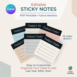 Puede incluir: Una colección de notas adhesivas imprimibles en varios colores pastel, incluyendo rosa, azul y beige. Cada nota presenta líneas para la organización de tareas y el texto "Today's Tasks". El diseño incluye el logotipo de Canva y el texto "Editable Sticky Notes".