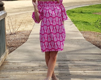 Women's Dress the Derby dress in Raspberry Pineapple off the shoulder dress custom made by Collyn Raye