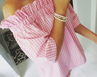 Women's top the Derby top in pink gingham small & medium left off the shoulder top custom made by Collyn Raye