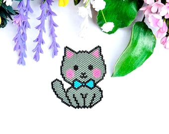 Cute Cat - Brick and Peyote Stitch Pattern, Seed beads Cat Pattern, Digital Download, PDF Beaded Pattern, Miyuki Delica Pattern, Beaded Cat