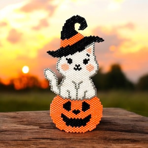 Halloween-kat, kattenpatroon met baksteensteek, Peyote-steek Halloween-patroon, digitale download, pdf-kralenpatroon, Peyote-steek, steensteek