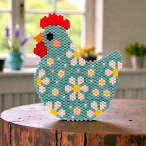 May include: A beaded chicken figurine in shades of teal, white, yellow, orange, and red. The chicken is decorated with a floral pattern and has a red comb. The figurine is displayed on a wooden table.