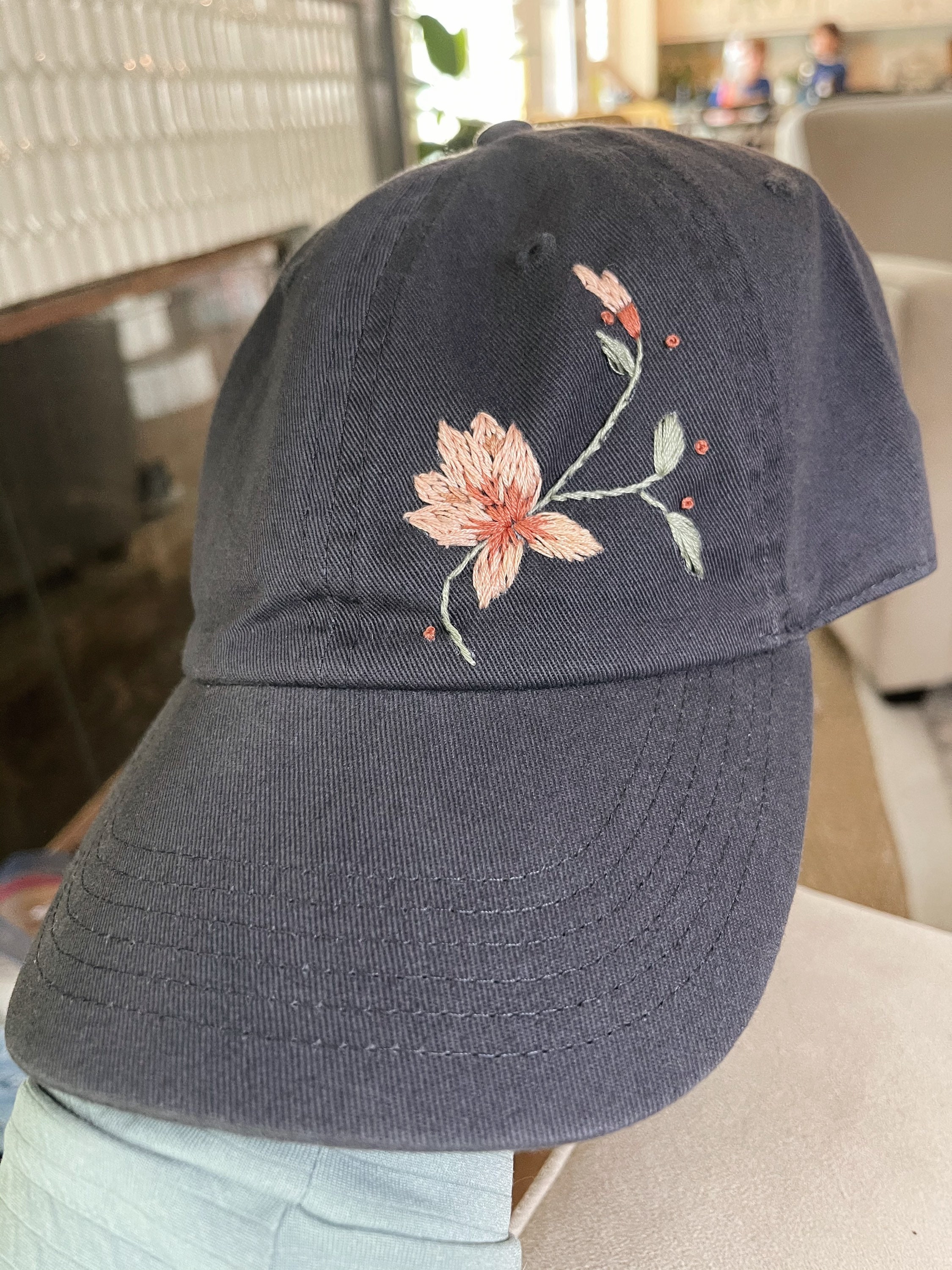 Hand Embroidered Baseball Cap Dark gray abstract floral Etsy