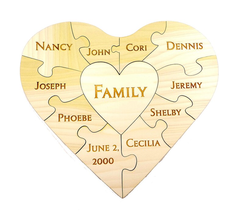 Custom Family Wooden Heart Puzzle Family Unity Puzzle Pregnancy Puzzle Wedding Announcement Puzzle Baby Reveal 11 PC Engraved image 1