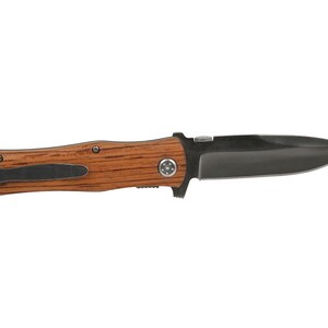 May include: A brown wooden handled folding knife with a black blade.