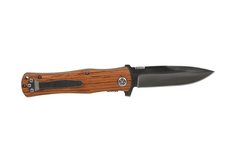 May include: A brown wooden handled folding knife with a black blade.