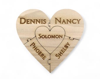 Custom Family Wooden Heart Puzzle - Family Unity Puzzle - Pregnancy Puzzle - Wedding Announcement Puzzle - Baby Reveal - 5 PC - Engraved