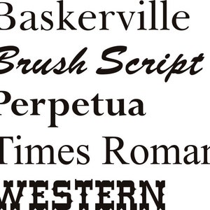 May include: A close-up of five different font styles: Baskerville, Brush Script, Perpetua, Times Roman, and Western. The fonts are displayed in black on a white background.