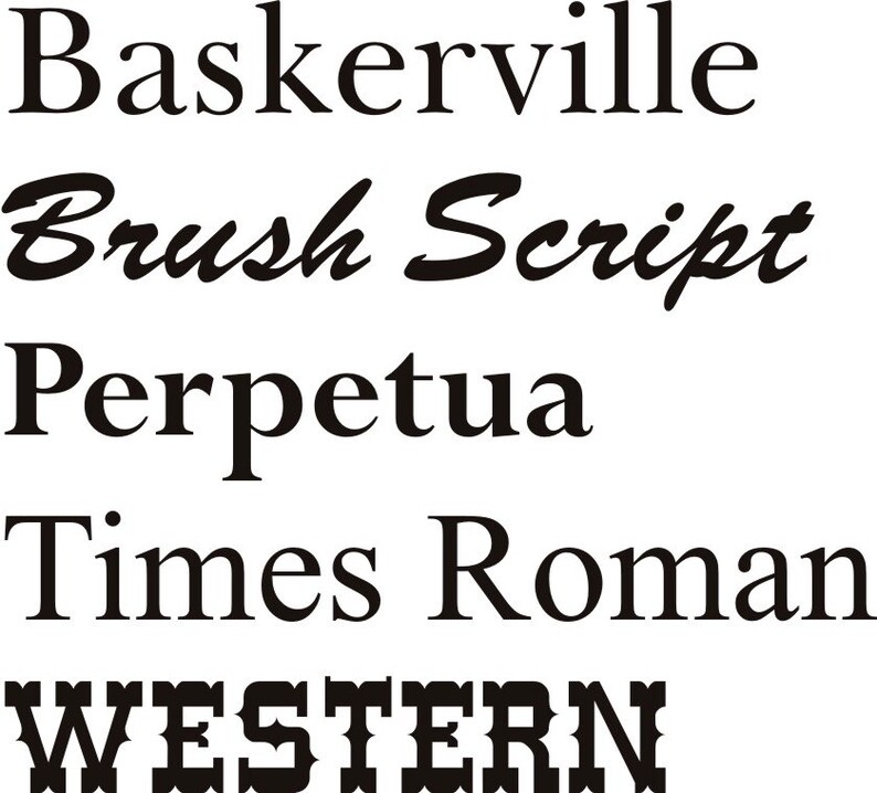 May include: A close-up of five different font styles: Baskerville, Brush Script, Perpetua, Times Roman, and Western. The fonts are displayed in black on a white background.