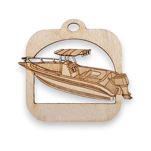 May include: Wooden ornament shaped like a boat with a canopy, a steering wheel, and an outboard motor. The ornament is unfinished and ready to be painted or stained.
