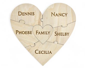 Custom Family Wooden Heart Puzzle - Family Unity Puzzle - Pregnancy Puzzle - Wedding Announcement Puzzle - Baby Reveal - 6 PC - Engraved