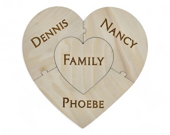 Custom Family Wooden Heart Puzzle - Family Unity Puzzle - Pregnancy Puzzle - Wedding Announcement Puzzle - Baby Reveal - 4 PC - Engraved