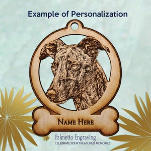 Custom engraved Greyhound ornament, personalized dog Christmas ornament, pet name ornament, wooden Greyhound decoration, unique dog lover gift, customizable pet ornament, Greyhound keepsake, holiday tree decoration