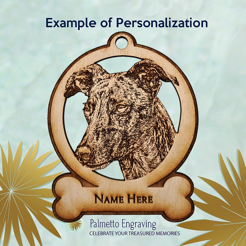 Custom engraved Greyhound ornament, personalized dog Christmas ornament, pet name ornament, wooden Greyhound decoration, unique dog lover gift, customizable pet ornament, Greyhound keepsake, holiday tree decoration