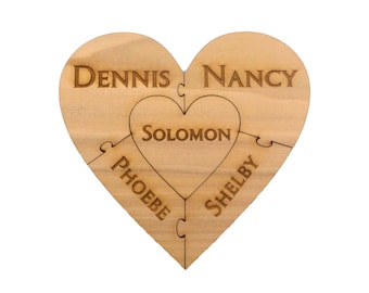 Custom Family Wooden Heart Puzzle - Family Unity Puzzle - Pregnancy Puzzle - Wedding Announcement Puzzle - Baby Reveal - 5 PC - Engraved