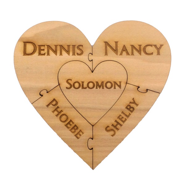 Custom Family Wooden Heart Puzzle - Family Unity Puzzle - Pregnancy Puzzle - Wedding Announcement Puzzle - Baby Reveal - 5 PC - Engraved