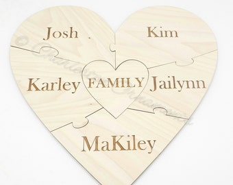 Custom Family Wooden Heart Puzzle, 6 PC - Engraved - Pregnancy Announcement Puzzle - Wedding Announcement Puzzle - Baby Reveal