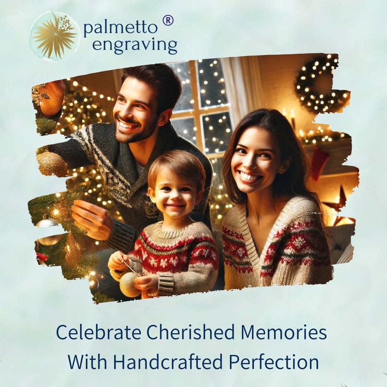 May include: A family of three, a man, a woman, and a young child, are decorating a Christmas tree with lights. The family is smiling and enjoying the holiday season. The image is set in a warm and inviting living room with a fireplace and a wreath on the wall. The text "Celebrate Cherished Memories With Handcrafted Perfection" is at the bottom of the image.