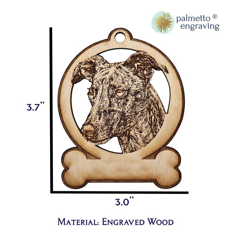 Greyhound ornament dimensions, size reference for dog ornament, wooden pet ornament size, personalized dog ornament, custom Greyhound gift, unique dog ornament, sustainable wood pet decor, Greyhound Christmas decoration